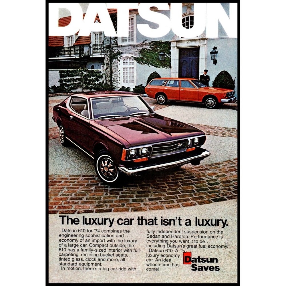 1974 Datsun 610 Luxury Car Wagon Vintage Print Ad Nissan Chauffeur Manor Decor